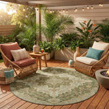 8' Green And Gold Round Medallion Washable Indoor Outdoor Area Rug