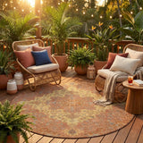 8' Orange And Gold Round Medallion Washable Indoor Outdoor Area Rug