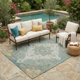 5' X 8' Teal Blue And Sky Blue Medallion Washable Indoor Outdoor Area Rug