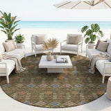 8' Chocolate And Brown Round Geometric Washable Indoor Outdoor Area Rug