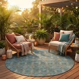 8' Teal Blue And Charcoal Round Geometric Washable Indoor Outdoor Area Rug