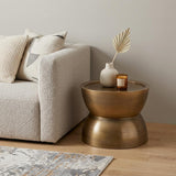 15" Antiqued Gold Distressed Iron Round Hourglass End Table