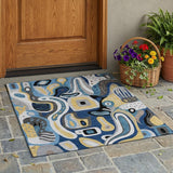 3' X 5' Blue And Navy Blue Abstract Washable Indoor Outdoor Area Rug