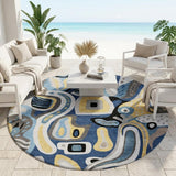 8' Blue And Navy Blue Round Abstract Washable Indoor Outdoor Area Rug