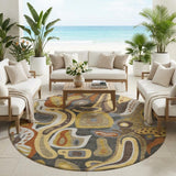 8' Coffee And Chocolate Round Abstract Washable Indoor Outdoor Area Rug