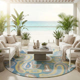 8' Teal Blue And Blue Round Abstract Washable Indoor Outdoor Area Rug