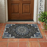3' X 5' Black And Charcoal Floral Medallion Washable Indoor Outdoor Area Rug