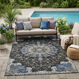 5' X 8' Black And Charcoal Floral Medallion Washable Indoor Outdoor Area Rug