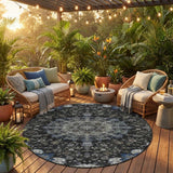 8' Black And Charcoal Round Floral Medallion Washable Indoor Outdoor Area Rug