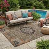 5' X 8' Chocolate And Black Floral Medallion Washable Indoor Outdoor Area Rug