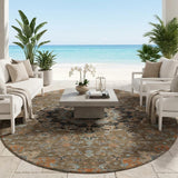 8' Chocolate And Black Round Floral Medallion Washable Indoor Outdoor Area Rug