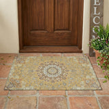 3' X 5' Gold And Ivory Floral Medallion Washable Indoor Outdoor Area Rug
