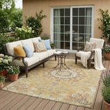 5' X 8' Gold And Ivory Floral Medallion Washable Indoor Outdoor Area Rug