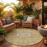 8' Gold And Ivory Round Floral Medallion Washable Indoor Outdoor Area Rug