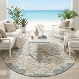 8' Ivory And Gray Round Floral Medallion Washable Indoor Outdoor Area Rug