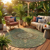 8' Olive Green And Chocolate Round Floral Medallion Washable Indoor Outdoor Area Rug