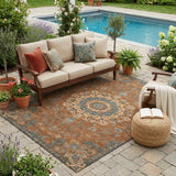 5' X 8' Orange And Charcoal Floral Medallion Washable Indoor Outdoor Area Rug