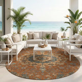 8' Orange And Charcoal Round Floral Medallion Washable Indoor Outdoor Area Rug