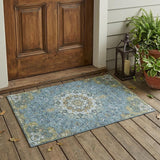 3' X 5' Teal Blue And Gold Floral Medallion Washable Indoor Outdoor Area Rug