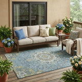 5' X 8' Teal Blue And Gold Floral Medallion Washable Indoor Outdoor Area Rug