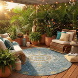 8' Teal Blue And Gold Round Floral Medallion Washable Indoor Outdoor Area Rug