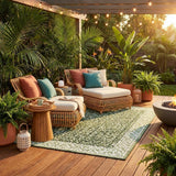 8' Sage And Green Round Striped Washable Indoor Outdoor Area Rug