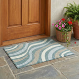 3' X 5' Teal Blue And Taupe Striped Washable Indoor Outdoor Area Rug