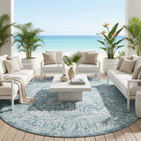 8' Teal Blue And Taupe Round Striped Washable Indoor Outdoor Area Rug