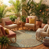 8' Green And Copper Round Geometric Washable Indoor Outdoor Area Rug