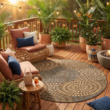 8' Chocolate And Brown Round Geometric Washable Indoor Outdoor Area Rug