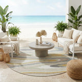8' Ivory And Beige Round Abstract Washable Indoor Outdoor Area Rug