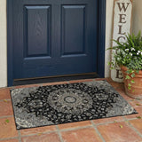 3' X 5' Black And Charcoal Floral Medallion Washable Indoor Outdoor Area Rug