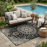 5' X 8' Black And Charcoal Floral Medallion Washable Indoor Outdoor Area Rug