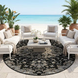 8' Black And Charcoal Round Floral Medallion Washable Indoor Outdoor Area Rug