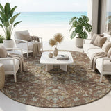 8' Chocolate And Copper Round Floral Medallion Washable Indoor Outdoor Area Rug