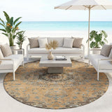 8' Copper And Chocolate Round Floral Medallion Washable Indoor Outdoor Area Rug