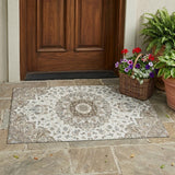 3' X 5' Ivory And Beige Floral Medallion Washable Indoor Outdoor Area Rug