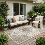 5' X 8' Ivory And Beige Floral Medallion Washable Indoor Outdoor Area Rug