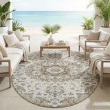 8' Ivory And Beige Round Floral Medallion Washable Indoor Outdoor Area Rug