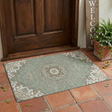 3' X 5' Sage And Beige Floral Medallion Washable Indoor Outdoor Area Rug
