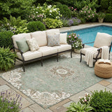 5' X 8' Sage And Beige Floral Medallion Washable Indoor Outdoor Area Rug