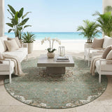 8' Sage And Beige Round Floral Medallion Washable Indoor Outdoor Area Rug
