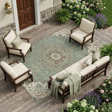 8' X 10' Sage And Beige Floral Medallion Washable Indoor Outdoor Area Rug