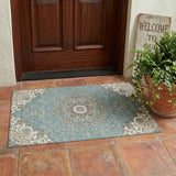 3' X 5' Teal Blue And Sage Floral Medallion Washable Indoor Outdoor Area Rug