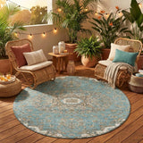 8' Teal Blue And Sage Round Floral Medallion Washable Indoor Outdoor Area Rug
