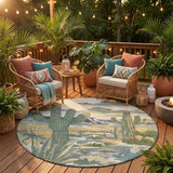 8' Beige And Green Round Trees Washable Indoor Outdoor Area Rug