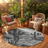 8' Gray And Charcoal Round Trees Washable Indoor Outdoor Area Rug