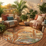 8' Orange And Copper Round Trees Washable Indoor Outdoor Area Rug