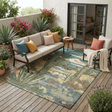 5' X 8' Teal Blue And Gold Trees Washable Indoor Outdoor Area Rug