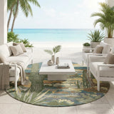 8' Teal Blue And Gold Round Trees Washable Indoor Outdoor Area Rug